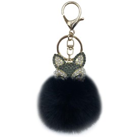 Unpafcxddyig Artificial Rabbit Fur Pom Pom Keychain Pearl Rhinestone Fox Head Keyring Bag Car Faux Fluffy Pendant,black