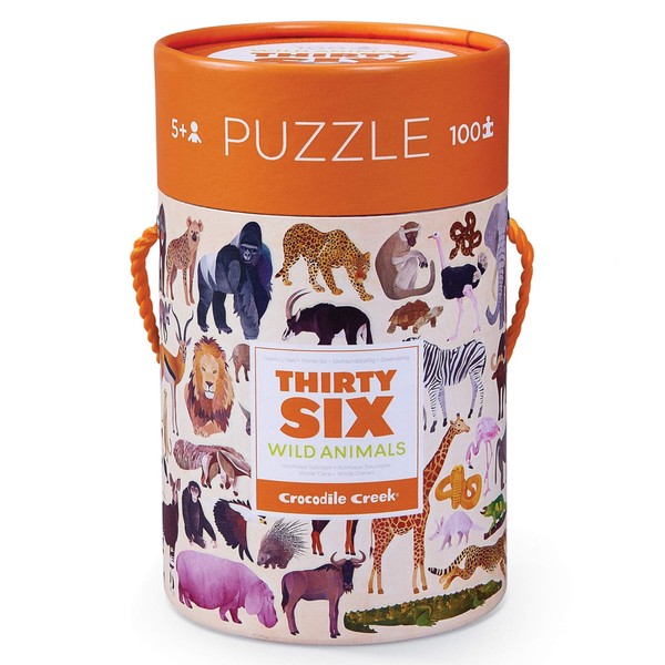 Crocodile Creek Jigsaw Puzzle in Canister, 100 Piece Table or Floor Puzzle Includes Educational Animal Finder Sheet, for Ages 5 Years and Up, Thirty-Six Wild Animals