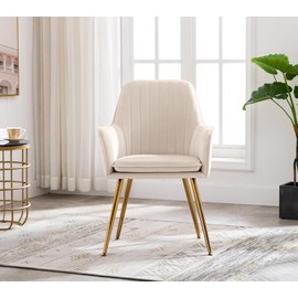 Artechworks Velvet Modern Living Dining Room Arm Chair Club Leisure Guest Lounge Bedroom Upholstered Chair with Gold Metal Legs, Beige