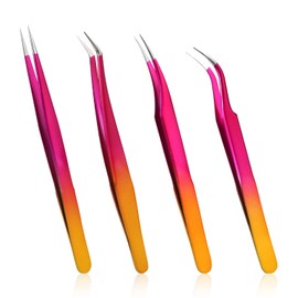 Pack of 4 Curved Eyelash Tweezers, Stainless Steel Lash Tweezers, Four Styles Eyelash Tweezers for Volume Insulation, Classic Eyelashes, Smudged False Nails (Colour Gradient)