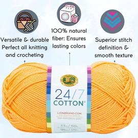 Lion Brand 24/7 Cotton Creamsicle 761-132 (3-Skeins - Same Dye Lot) Worsted Medium #4 Cotton Yarn for Crocheting and Knitting with Project Bag