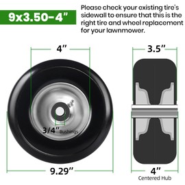 (4-Pack) 9x3.50-4” Flat Free Lawnmower Tire with 4" Centered Hub, 3/4" Bushings and Wheel Assemblies - PU Tire on Wheel and Adapter Kits