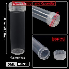 HUAZIZ Pack of 80 5 ml Freezing Tubes, Transparent, 5 ml Transparent with Lid, Plastic Cryo Tube, Test Tube Sample Test Tube, Test Tube for Laboratory