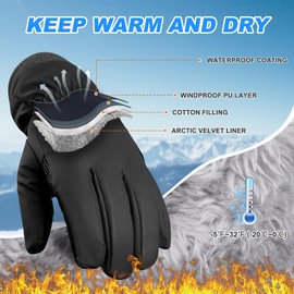 Sukeen Kids Winter Gloves Thermal Waterproof Ski Gloves Boys Girls Touchscreen Anti-slip Glove for Daily Wearing in Winter Outdoor Activities Skiing Running Cycling Traveling Hiking Climbing Black L