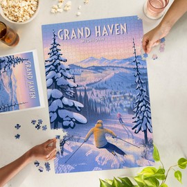 Lantern Press 1000 Piece Jigsaw Puzzle, Grand Haven, Michigan, Ski for Miles, Skiing