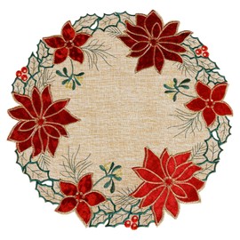 OWENIE Christmas Poinsettia Round Placemats, Embroidered Applique Placemats Set of 4, Red Velvet Poinsettia Flower Linen Table Mats, Machine Washable (15" RD Set of 4)