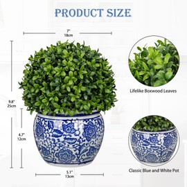 DILATATA Artificial Topiary Boxwood Ball in Blue and White Ceramic Pot, 10 Inch Artificial Boxwood in Planters Decorative Fake Greenery for Table Centerpiece Indoor Plant Home Decor - Medium