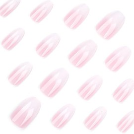 RikView Uñas Postizas Blancas Y Rosas De Tamaño Mediano, Estilo Ataúd, Con Diseño Brillante Y Cobertura Total. Juego De 24 Unidades.