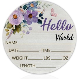 Hello World Purple Rose Baby Name Sign Birth Announcement Plaque with Name Date Weight 6" Round Birch Wood Nursery Decor Newborn Hospital Keepsake Gift for Parents