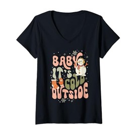 Baby it's Cold outside Snowman Groovy Christmas Season Funny V-Neck T-Shirt