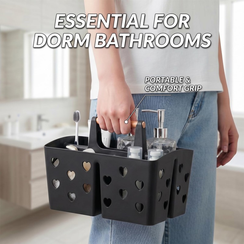 Black Portable Shower Caddy, Plastic Basket Organizer with Wooden Handle