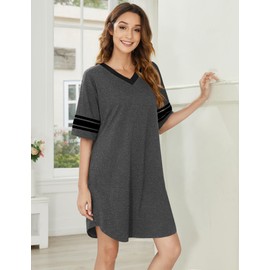 Ekouaer Nightgowns for Women 2 Pack Sleepshirts Short Sleeve Nightshirt V Neck Sleepwear Casual Pajama Dress,Black/Dark Grey,XXL