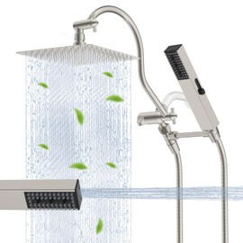 Hibbent All Metal cUPC Certified Shower Head, 10'' High Pressure Rainfall Showerhead Combo, Handheld Shower Wand, 12'' Adjustable Extension Arm, 4-Spray, 71'' Hose, Shower Holder, Brushed Nickel