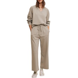 Cakulo Womens Sweatsuits 2 Piece Lounge Sets Fall Outfits Wide Leg Jogger Sweat Pants Loungewear Set Track Suits Khaki M