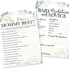 Hadley Designs Greenery Baby Shower Games Género neutro – 2 juegos de doble cara, 25 que conoce a mamá el mejor juego de baby shower para jugar, 25 tarjetas de predicción y consejos de bebé, juegos de revelación de género para invitados