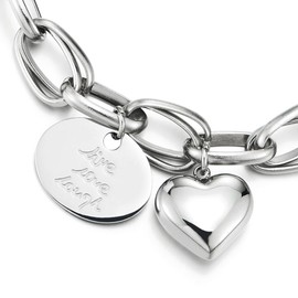 Stainless Steel Rolo Chain Bracelet with Dangling Puff Heart and Disc, Polished, Womens(CA)
