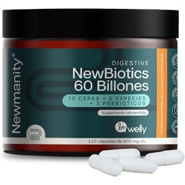 NEWMANITY Probióticos 60 Billones + Prebióticos y Magnesio - 120 Cápsulas Veganas con 15 Cepas para Salud Intestinal y Vaginal, Hombre y Mujer