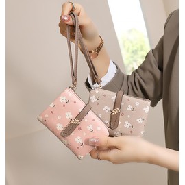 UTO Women's Large and Small Purse Flowers Many Compartments with Coin Compartment PU Leather Press Stud Zip Lightweight Wallet for Women Slim Wallet Boys Purse for Gift, Flower Small Pink, Casual
