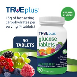 TRUEplus® Glucose Tablets, Assorted Flavor (Grape, Raspberry, Orange) - 50ct Bottle (1)
