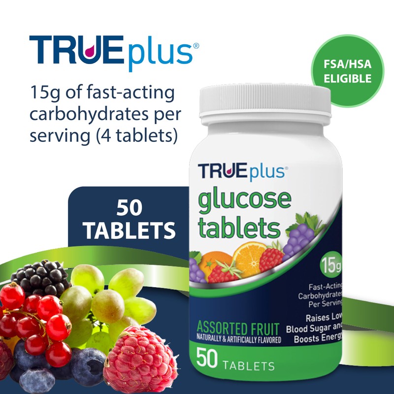 TRUEplus® Glucose Tablets, Assorted Flavor (Grape, Raspberry, Orange) - 50ct