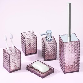 Yueranhu Light Purple Bathroom Accessories Set, 6 pcs Acrylic Bathroom Decor Gift Set - Toothbrush Holder, Toothbrush Cup, Soap/Lotion Dispenser, Toilet Brush and Holder, Soap Dish, Housewarming