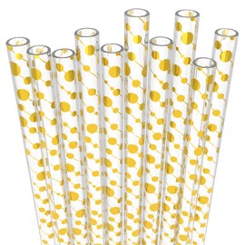 10 Long Reusable Hard Plastic Gold Balls Drinking Straws, Medium Width + Sturdy Cleaning Brush - for Tumblers, Mason Jars, Milshakes, Smoothie Straws Drinking Plastic - Dishwasher Safe BPA Free