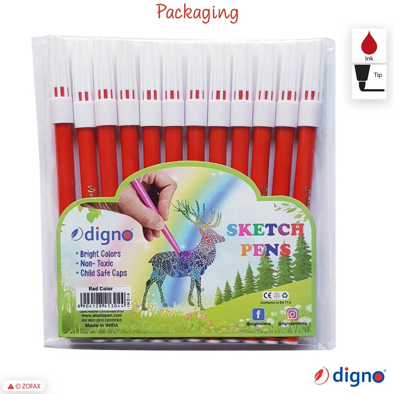 DIGNO SketchStic Felt Tip Pens, RED, Pack of 12, Fibre