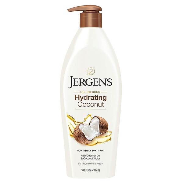 Jergens Hydrating Coconut Body Moisturizer, Infused with Coconut Oil and Water for Long-Lasting Moisture, Hydrates Dry Skin Instantly, 8 Ounce, Dermatologist Tested (Packaging May Vary)
