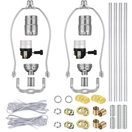 2 Sets Make-a-Lamp Kits - Table Repair or DIY Wiring Kits With 8'' Harp, 12'' Pipe, 3-Way Socket, 8 ft Cord, and Hardware Parts for Creating Antique Table Designs (Silver)