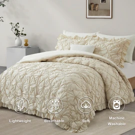 BEDAZZLED King Size Comforter Sets, Beige Bedding Comforter Set, 3 Pieces Pinch Pleat Bedding Sets with Comforter and Pillowcases Soft Farmhouse Shabby Chic Comforter for All Season