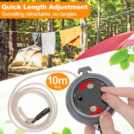 Retractable Clothesline, 10 m Portable Camping Washing Line, Outdoor Travel Holiday Non-Slip Retractable Laundry Cord for Bathroom, Laundry Room, Garden or Balcony