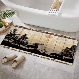 NYMB Rustic Cabin Bath Rugs for Bathroom, Cute Bear Deer Forest Print on Country Farmhouse Lodge Wooden Board Bathroom Rug Bath Mat Set Floor Mats, Wild Animas Vintage Doormat, (16X48)
