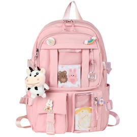 HORHEAR Kawaii Backpack for School, Cute Backpack with Kawaii Accessories Cartoon Brooch Pins and Stuffed Animal Pendant (Style 2 - Pink)