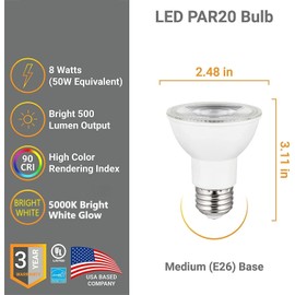 Diodesy- LED PAR20 Long Neck Light Bulb 6W (50W Equivalent) 500 Lumens 5000K Bright White Dimmable E26 Medium Base 40° Beam Angle Pack of 6- Indoor Outdoor Use for Spotlight Recessed Track Lighting