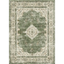Valenrug Washable Rug 8x10 - Ultra-Thin Antique Collection Area Rug, Stain Resistant Rugs for Living Room Bedroom, Distressed Vintage Rug(TPR40-Green, 8'x10')