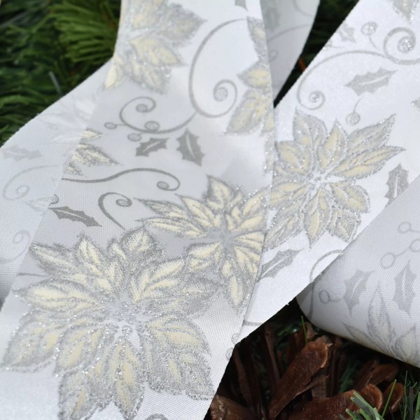 10yd Christmas Ivory Poinsettia Winter Cool White Silver Glitter Cut