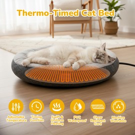 CATISM Heated Cat Bed Indoor - Self Warming Cats Beds, Heating Cat Beds for Indoor Kitten or Small Animals, Cozy Donut Heated Kitty Cave with Timer & Temp Adjustable, Heating Pad with Non-Slip Bottom