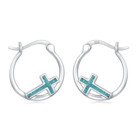 Twoowl Turquoise Cross Earrings 925 Sterling Silver Religious Hoop Earrings Catholic Christian Cross Jewelry Gifts for Women Female Friends
