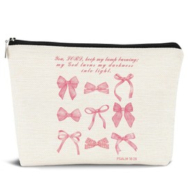 Dejfel Coquette Pink Bow Jesus Cosmetic Bags Zipper Pouch,Preppy Pink Bow Travel Toiletry Bag Aesthetic for Teen Girls,Bible Verses Gift for Birthday Party Girls Travel Storage Accessories