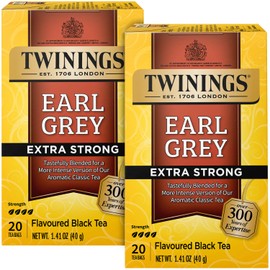 Twinings Earl Grey Tea Extra Strong 2-Pack – A Bright and Zesty Black Tea Infused with Citrus Bergamot Flavours, Caffeinated Tea Bags, Individually Wrapped, 20 Count Ea