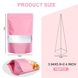 100PCS Mylar Bags for Food Storage, Smell Proof Bags Resealable Food Packaging for Small Business Stand Up Pouches with Window, 3.94" x5.9", Pink