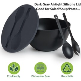 ECOHAGOU 10" Large Salad Bowl with Sealing Lid & Serving Utensils,135Oz, Black Big Bamboo Fiber Salad Serving Bowl with Servers for Mixing/Serving (Silicone Dark Grey Lid)