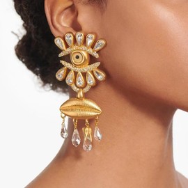 RELOVET Crystal Eye Drop Earrings, Gold-Plated Statement Dangle Earrings with Teardrop Crystals and Lip Design Large Earrings for Women, free, Plastic, No Gemstone