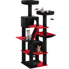 PAWZ Road 70 Inch Cat Tower, Gothic Cat Tree with 2 Cozy Condos, 2 Plush Perch, Large Basket, 2 Scraching Pad & 6 Scraching Posts for Indoor Cats Large Adult