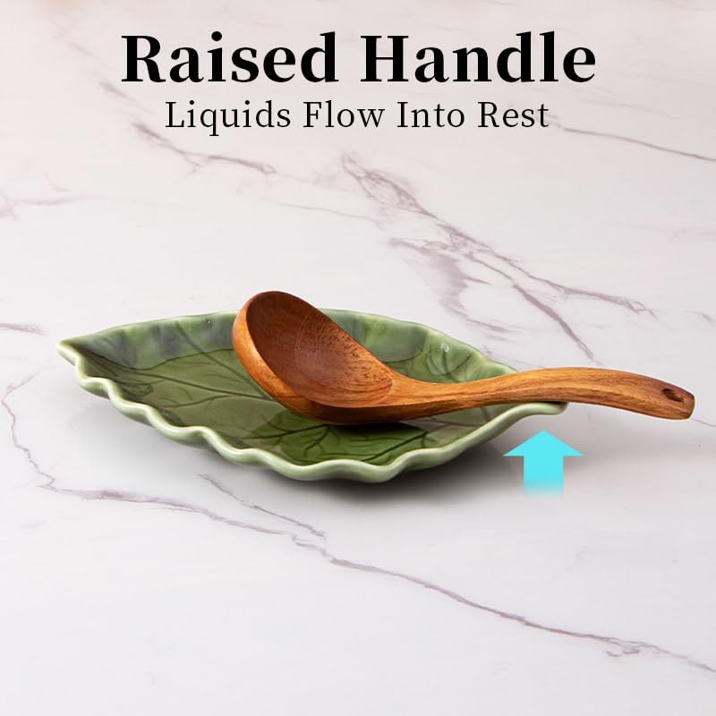 YumiPLUS Ceramic Leaf Spoon rest for Cooking, Cute Green Spoon
