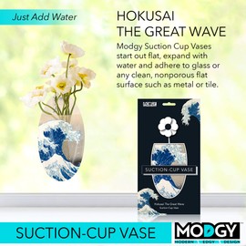 MODGY Suction Cup Expandable Flower Vase Plastic Decorative Modern Window Wall Decor Vases for Flowers, Kitchen, Living Room, Bathroom, Office, 1 Per Sleeve, Hokusai - Great Wave Off Kanagawa
