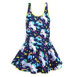 KuKiee Traje de baño de una pieza con estampado de estrellas y unicornio arcoíris, Azul oscuro, 5-6