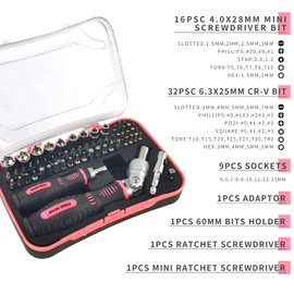 TOOLMAK Ratcheting Screwdriver Set 61pcs Socket Set & Screwdriver Bit Set with Rotatable Ratchet Handles ＆ Storage Case, Household Repair Tool Kits for Bike-Pink