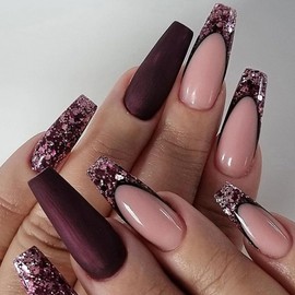 ANDGING Red Coffin Press on Nails Medium Long French Tip Glue on Nails for Women Fantasy Medium Fake Nails with Glitter Designs Glossy Manicure Stick on Nails for Wedding Gel Acrylic False Nails
