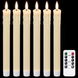 GenSwin Drip Wax Flameless Taper Candles Flickering with 10-Key Remote, Battery Operated Led Warm 3D Wick Light Window Candles Real Wax Pack of 6 Christmas Home Wedding Decor(Ivory, 0.78 X 9.64 Inch)